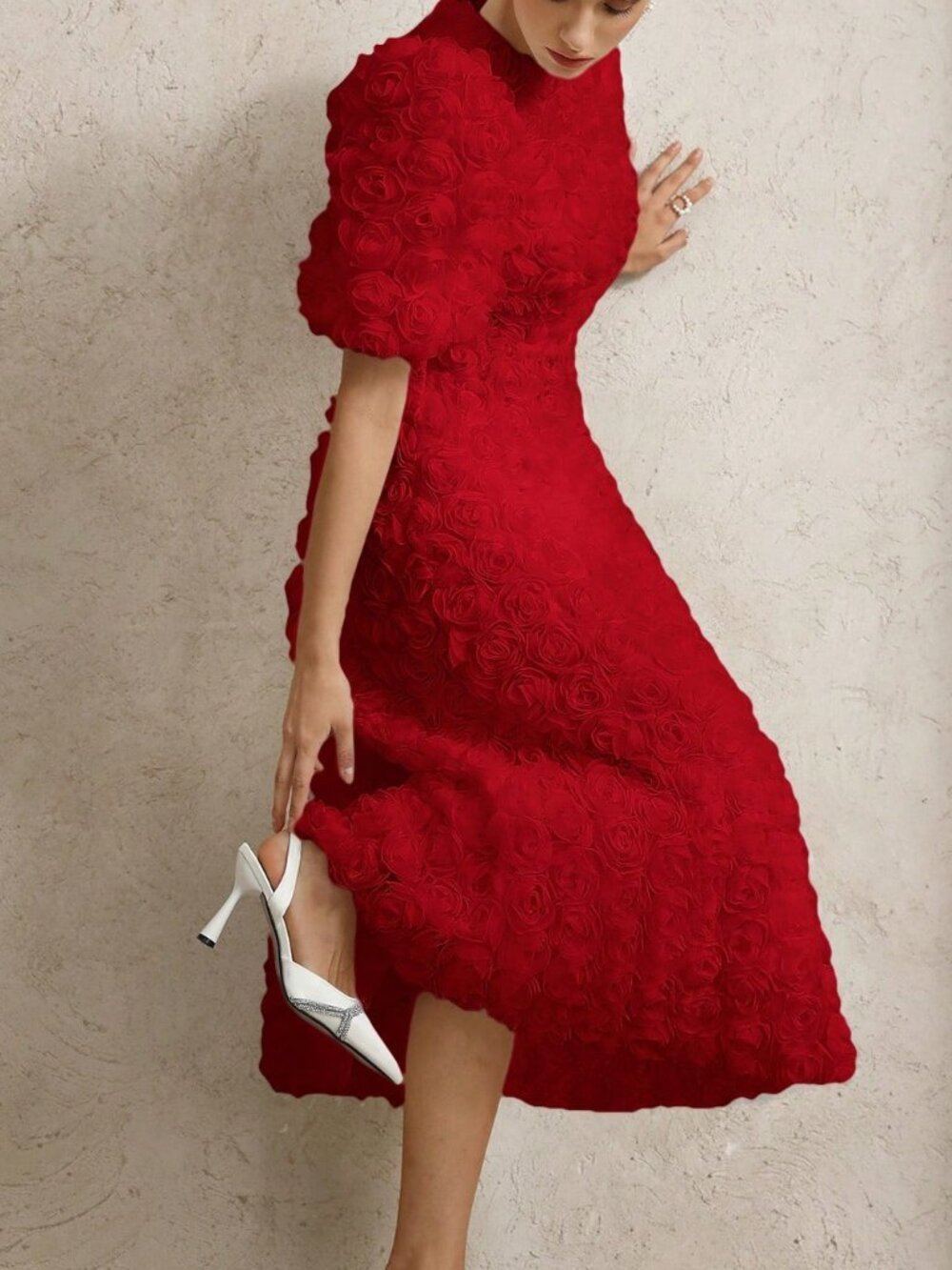Red Elegant French Women's 3D Floral V-Neck Petal Sleeve Cinched Waist Dress - Picture 4 of 6
